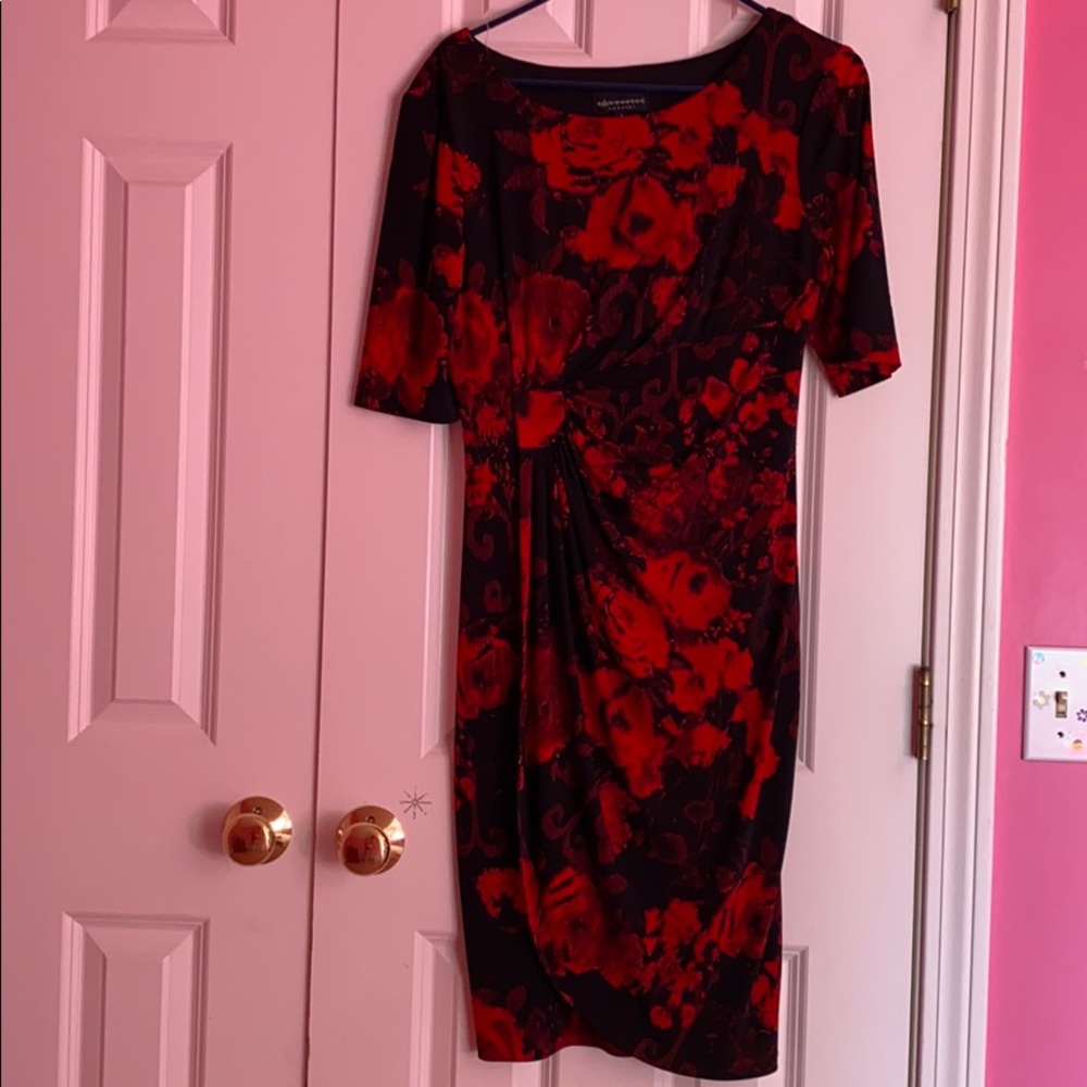 Red and black floral midi dress